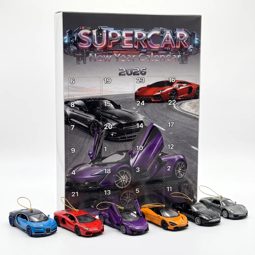 Supercar advent calendar box with six die-cast mini supercars